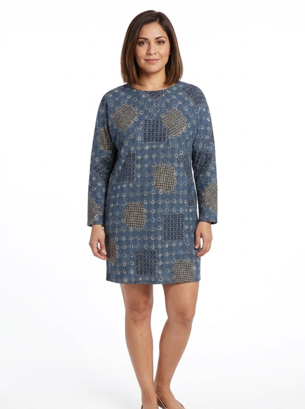 Zara Basic Blue Patchwork Geometric Shift Dress Women Size S